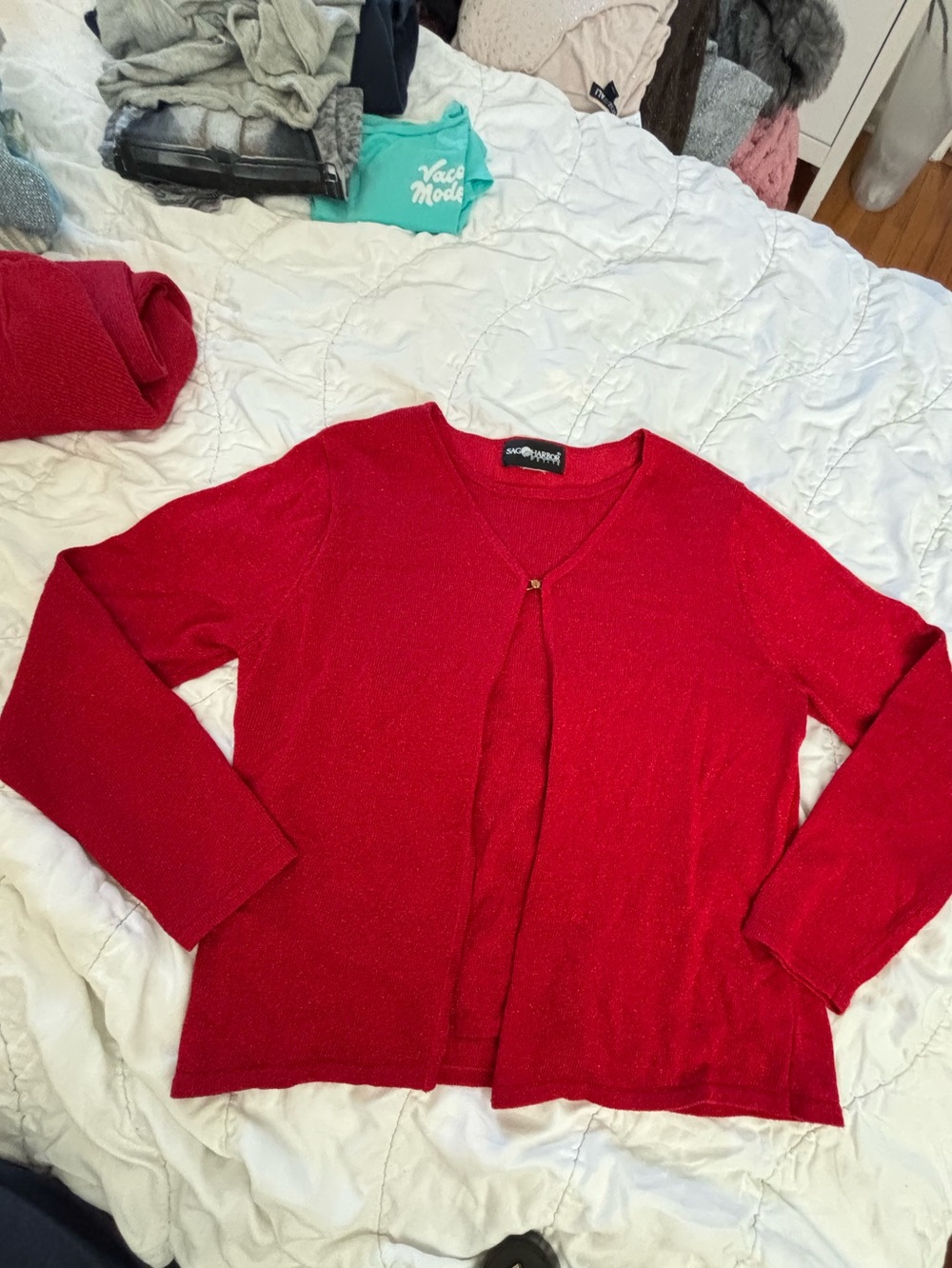 Sag Harbor Petite Red Metallic Cardigan Sweater Set Sparkle Holiday Layer